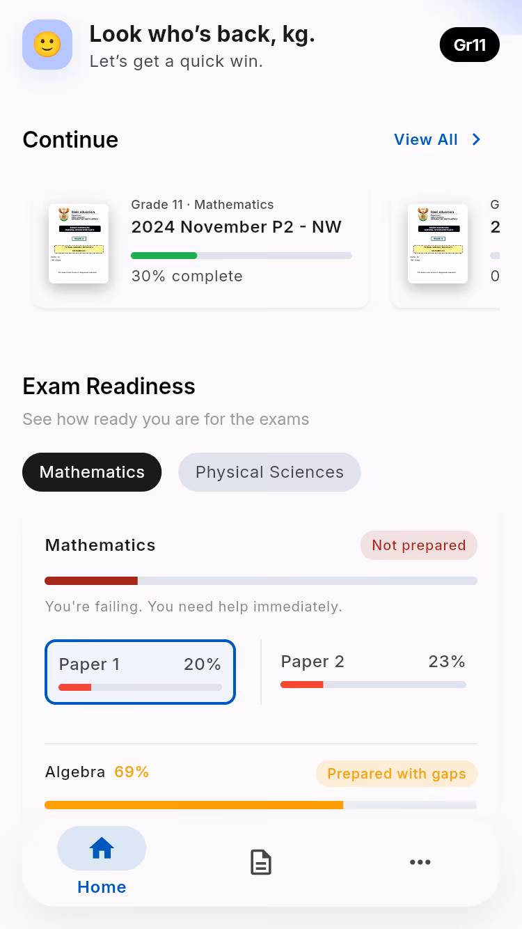 Home screen showing subject selection and readiness