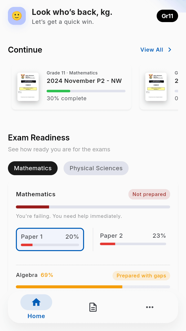 Home screen showing subject selection and readiness